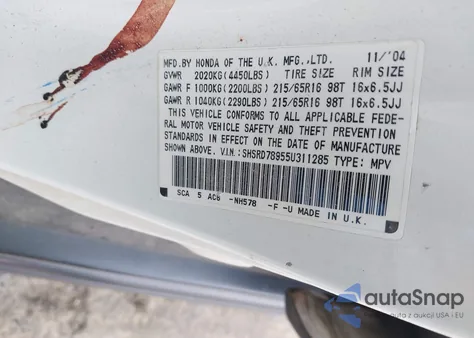 2005 Honda Cr-V Se из США, поврежденный, VIN SHSRD78955U311285